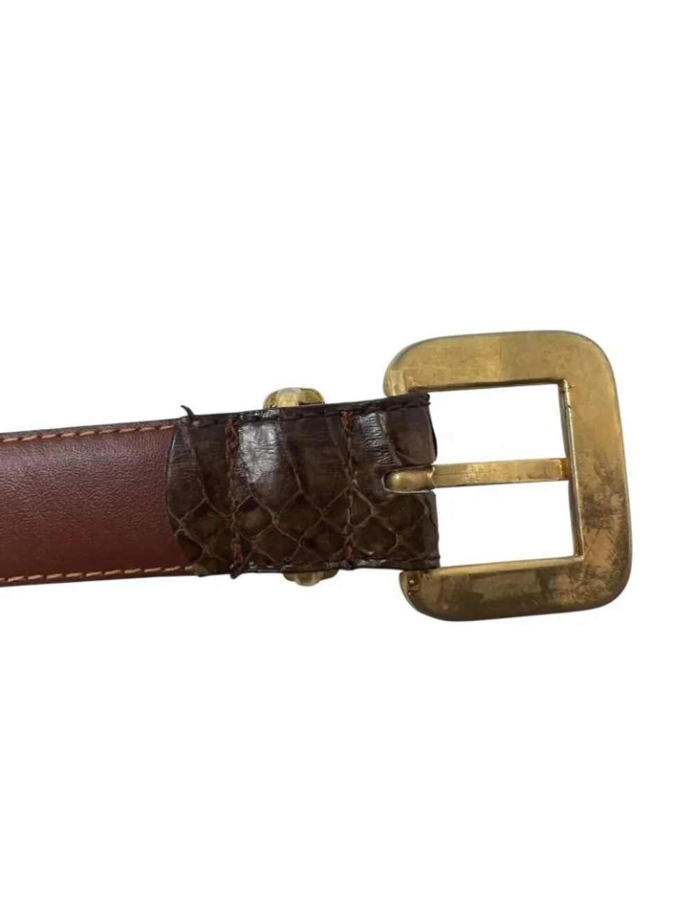 Jana Genuine Snakeskin Belt Womens L Brown Vintage Leather Brass Tone Buckle